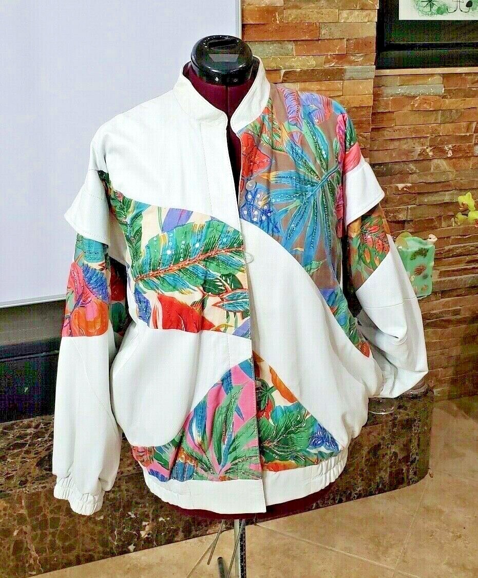 VTG Judith Ann Creation Sequin Beaded White Leather Jacket US L 10-2 Linen 90s