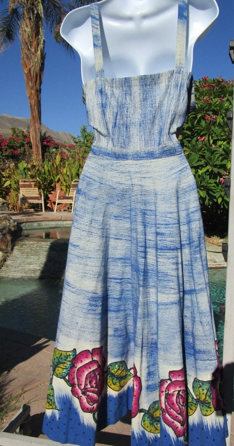 Vintage 1950s Mexican handpainted full dress sequins 36/38″ bust 31″ waist midi