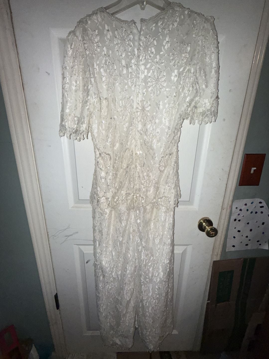Scala Vintage White Lace Beaded Pearl Maxi Evening Dress