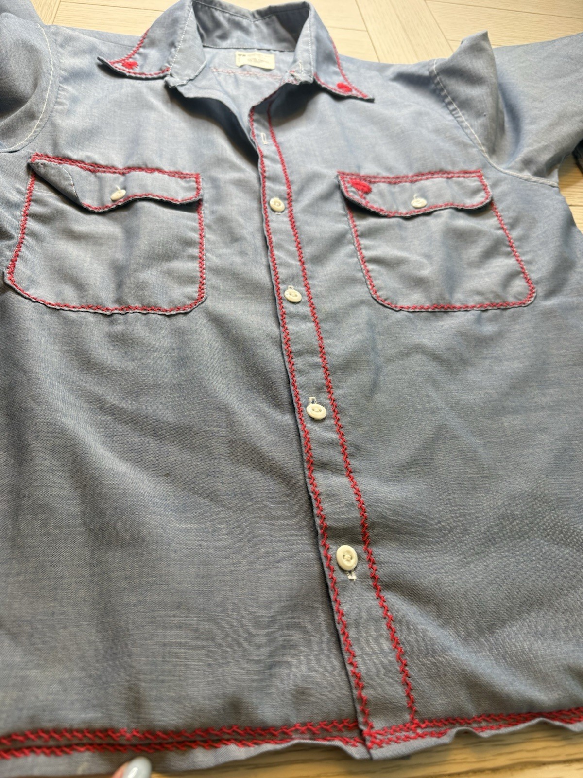 Vtg 60s Penney’s Big Mac Chambray Red Chain Stitched Flower Embroidered Shirt M