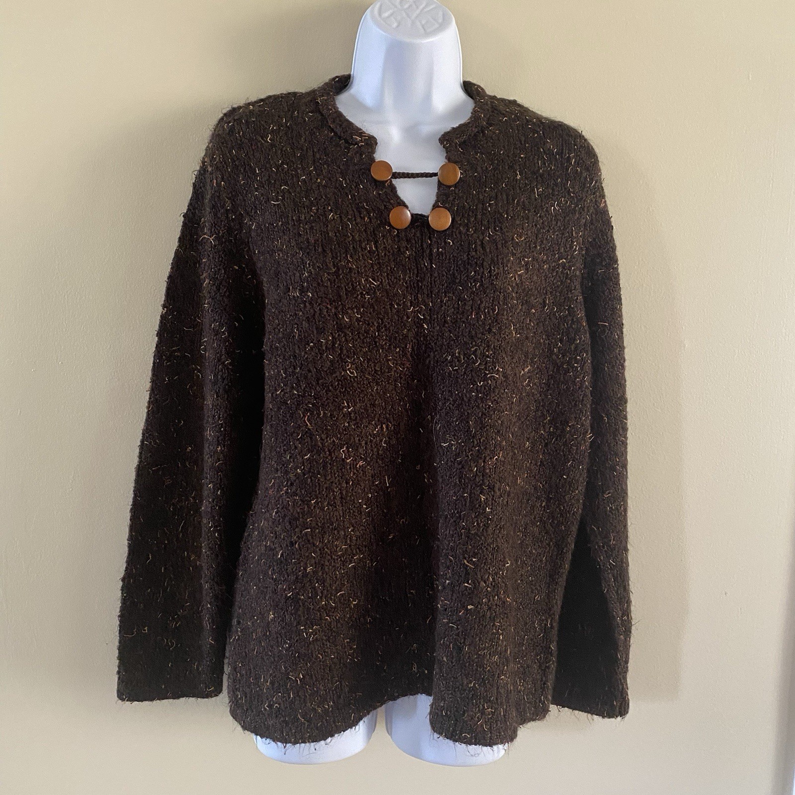 Vintage Christopher & Banks Brown Sweater XL Extra Large Long Sleeve Wood Accent
