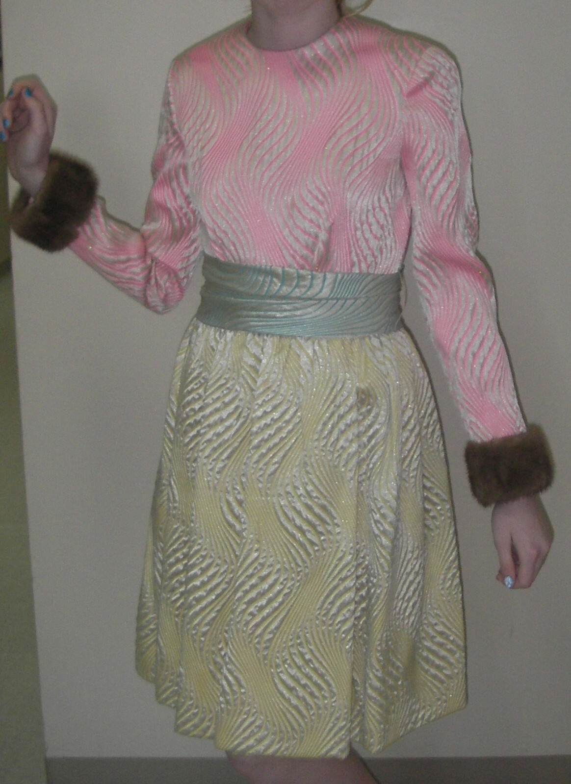 Vintage 1960s Kiki Hart Saks Fifth Ave Brocade Dress Mink Fur Cuffs Sash Belt