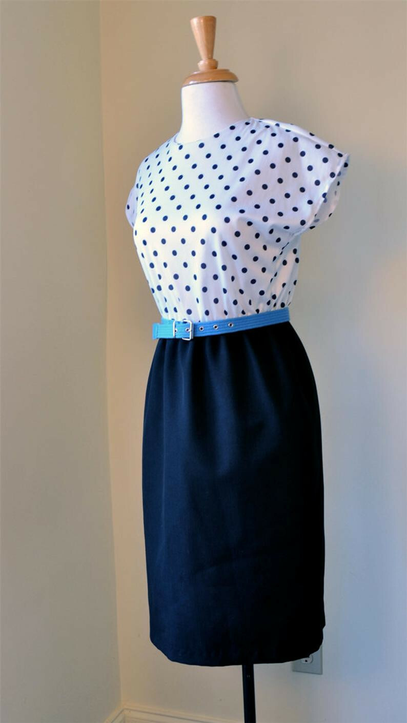 1980’s Black and White Polka Dot Dress with Blue Belt