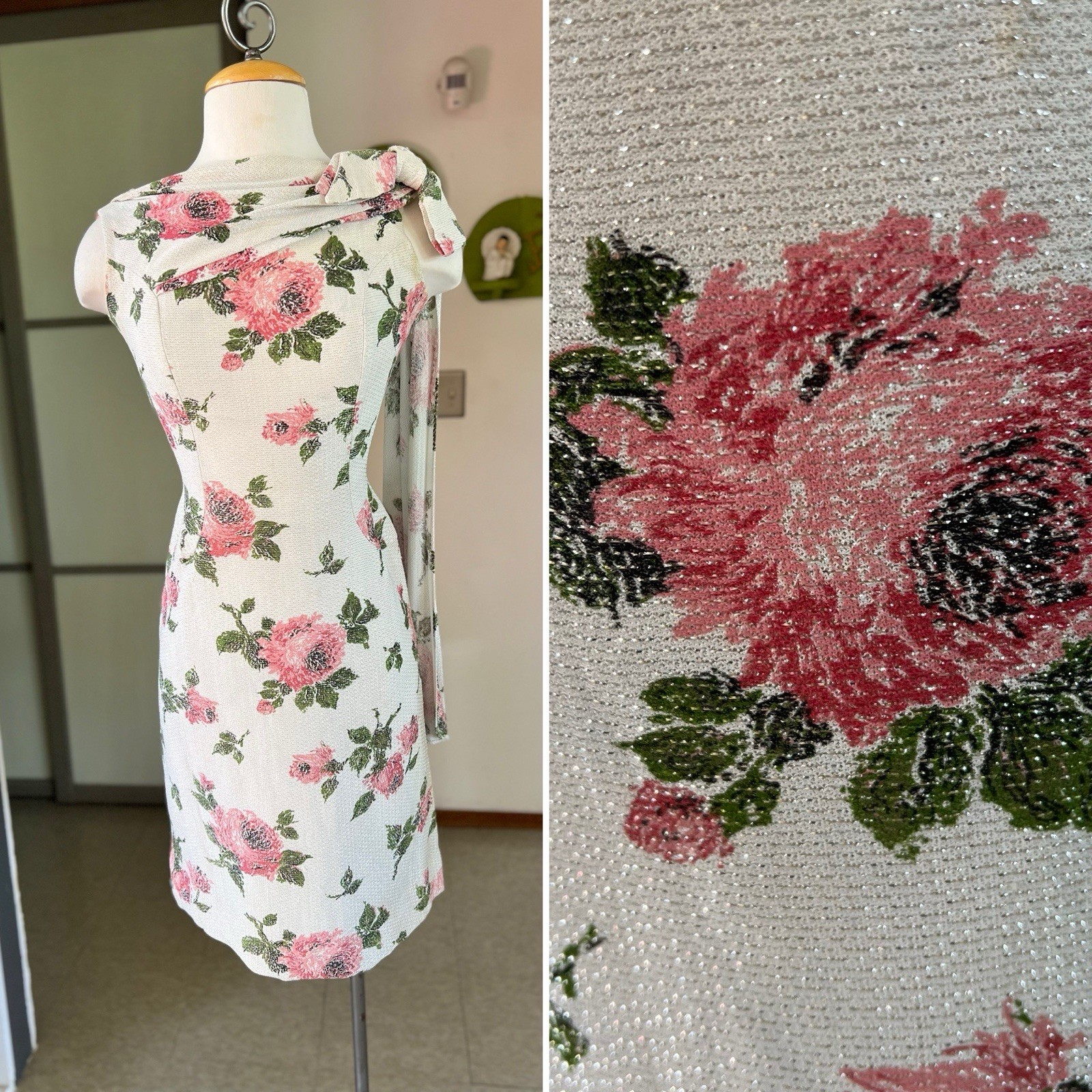 1950s Or 60s Vintage Rose Print Chromespun Lurex Dress With Sash 26-27w
