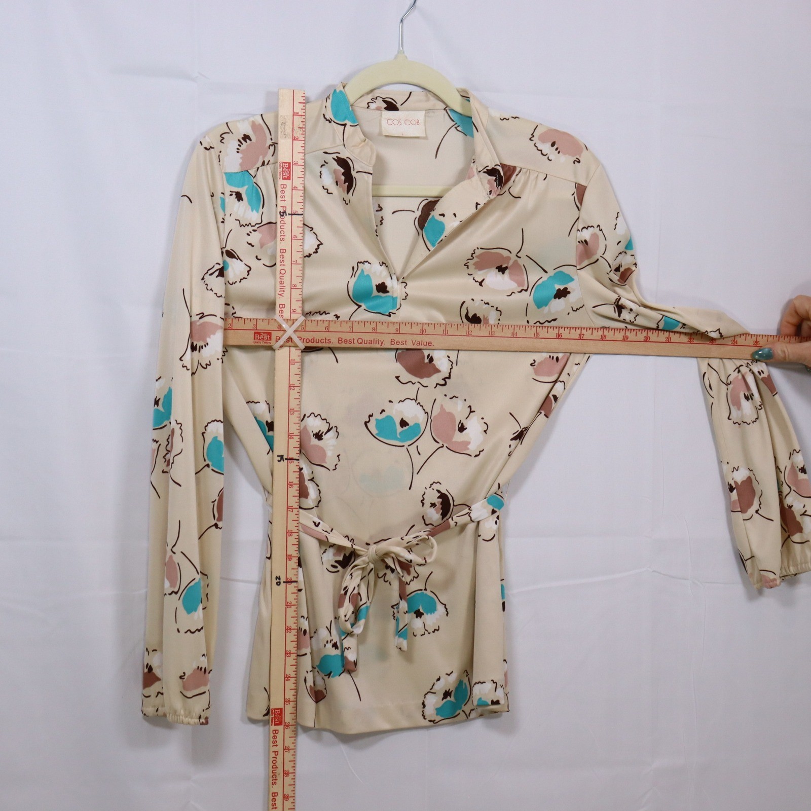 Cos Cob Blouse S Tan Womens Floral V-Neck Belted Vintage Top