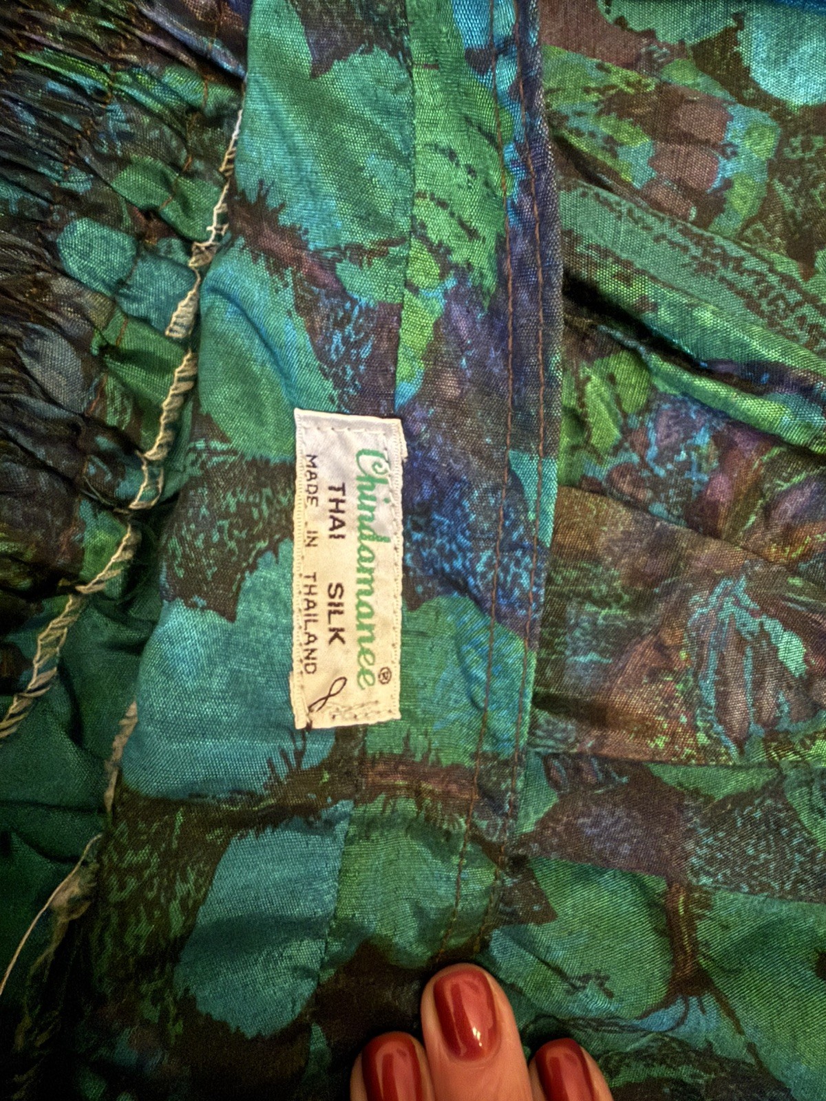 Chindamanee Thai Silk Butterfly Print Midi Skirt Green Blue Vintage Size S
