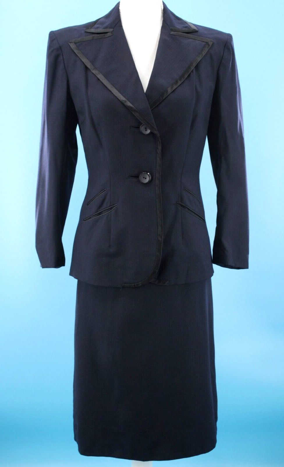 VTG Women’s 40s 50s 2 Pc Navy Wool Dress Suit W/ Black Trim Sz M 1940s 1950s