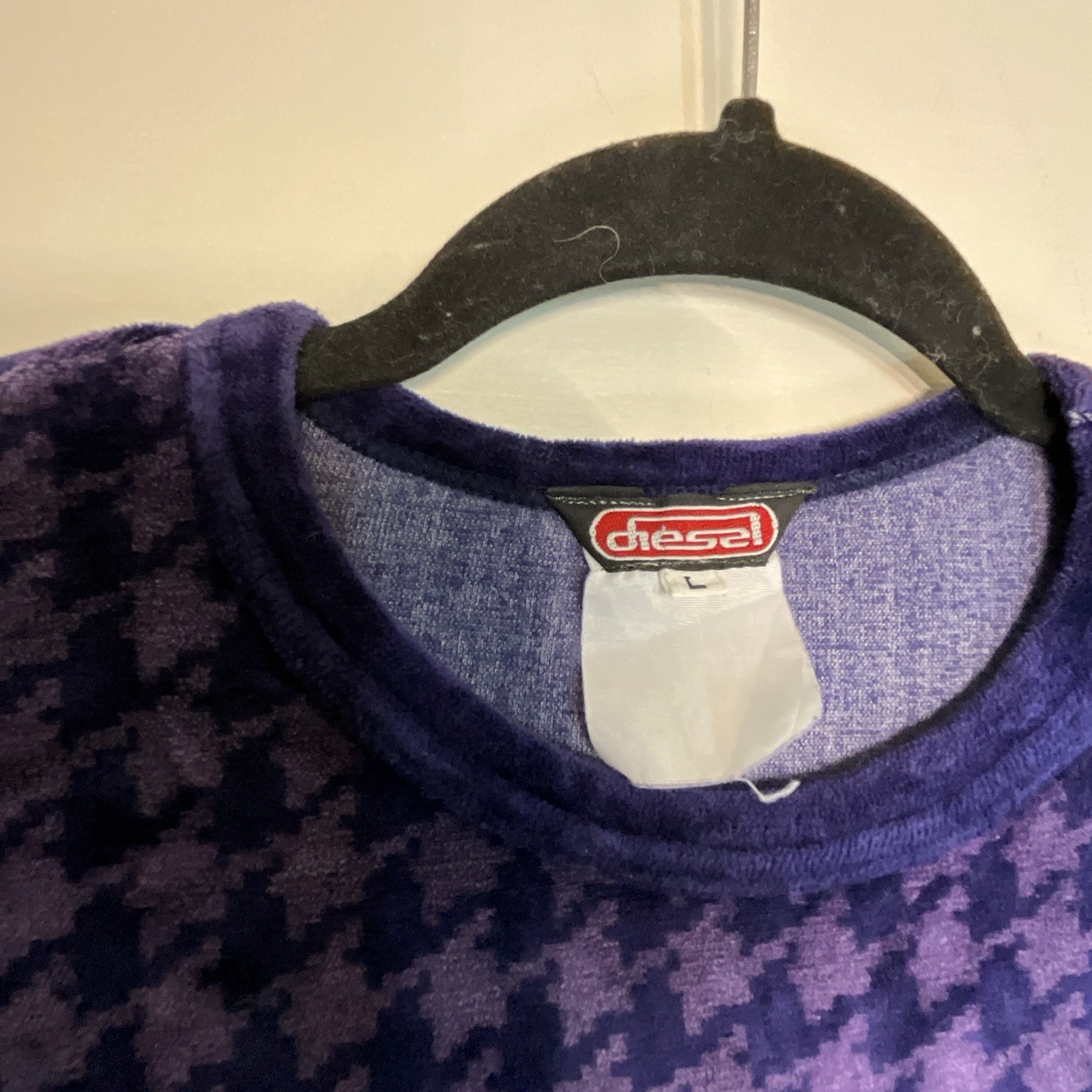 Vintage 90’s Diesel Velour Houndstooth Check Mini Dress Long Sleeve Size L RARE