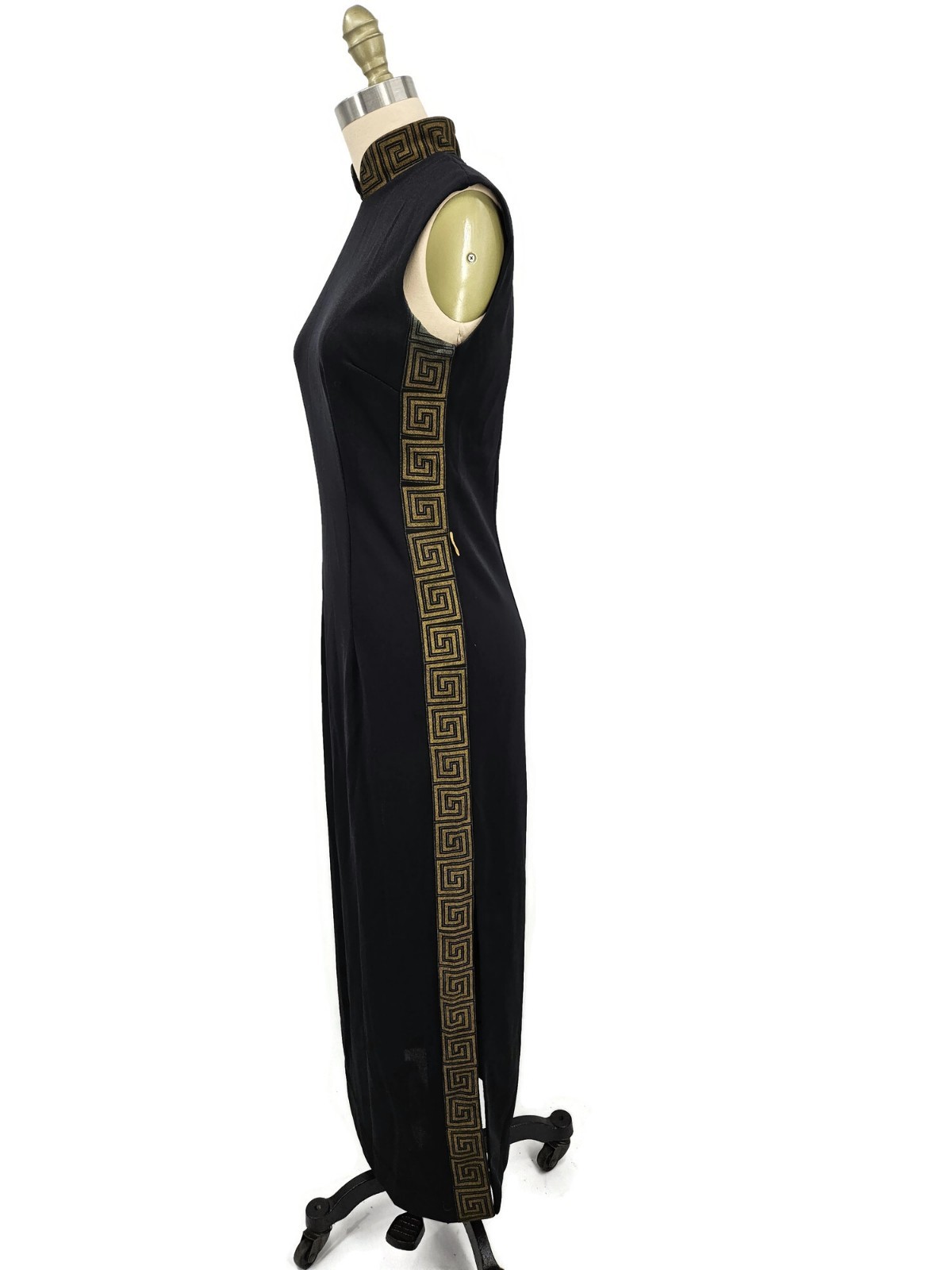 Vtg Alfred Shaheen Black Gold Cheongsam Dress Womens 10 Asian Inspired Slit