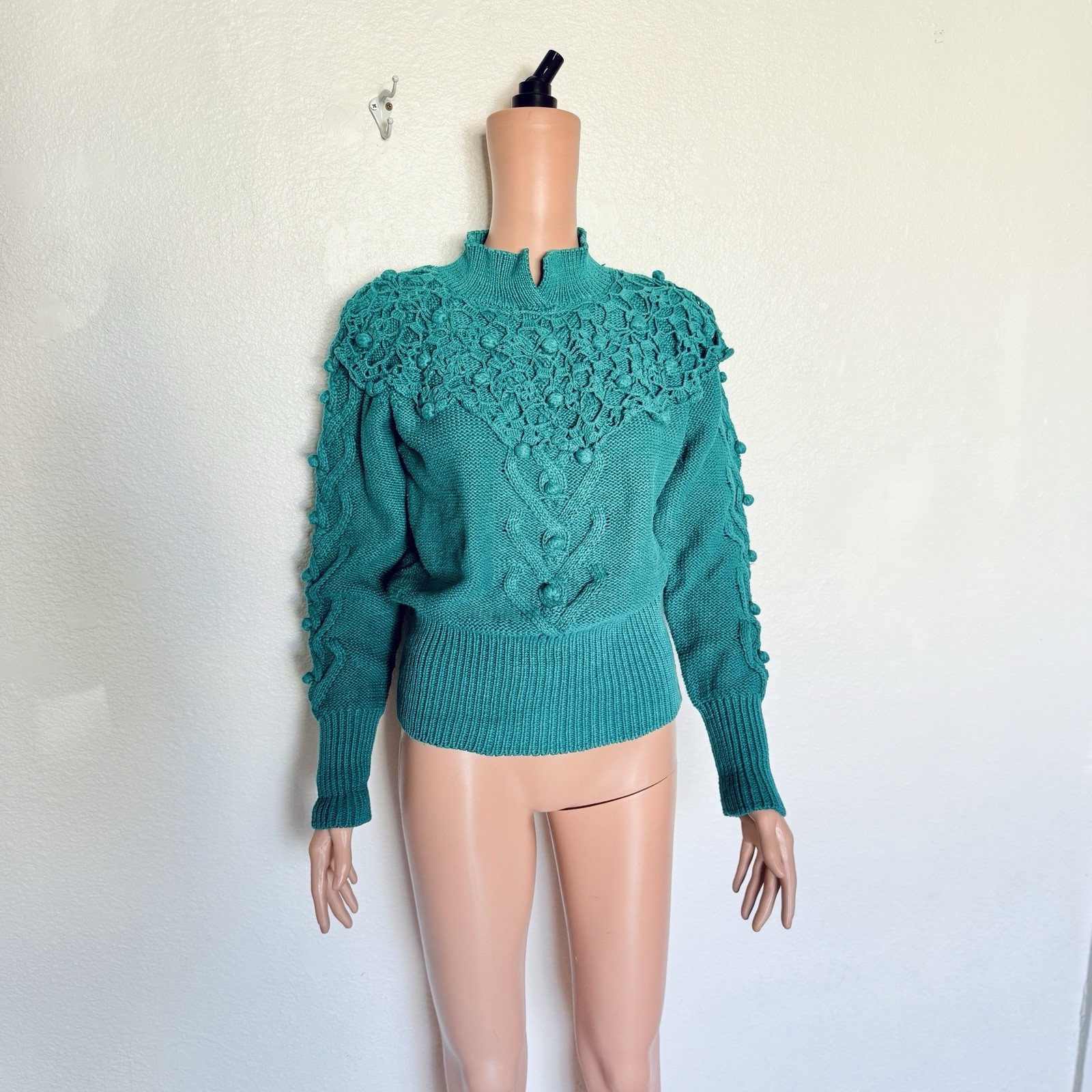 Vintage 89s 90s Turquoise Knit Mom Sweater Size M