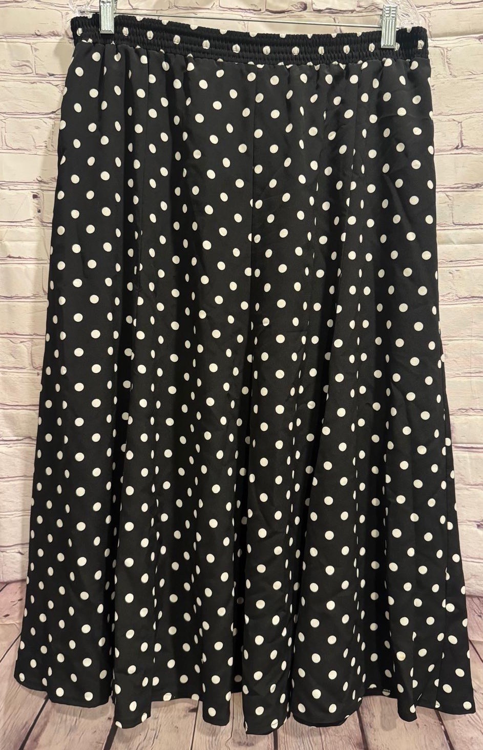 VTG Tan Jay Women’s Black & White Polka Dots Elastic Waist Midi Flowy Skirt 14