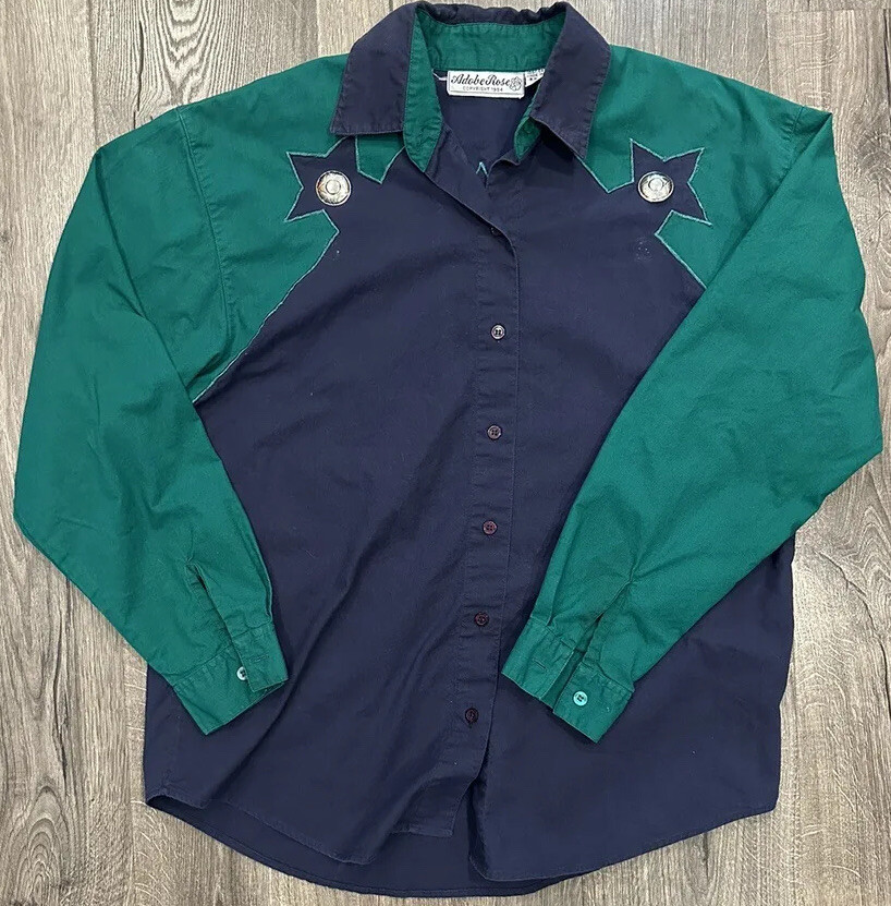 Vintage Adobe Rose Button Down Shirt Large Western Star Sherif Green Blue Rodeo