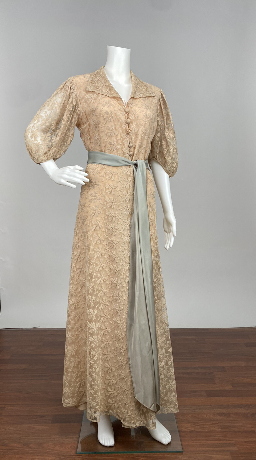 Antique 1930s Pale Blush Pink Net Lace Sheer Robe With Blue Ribbon Tie AS IS