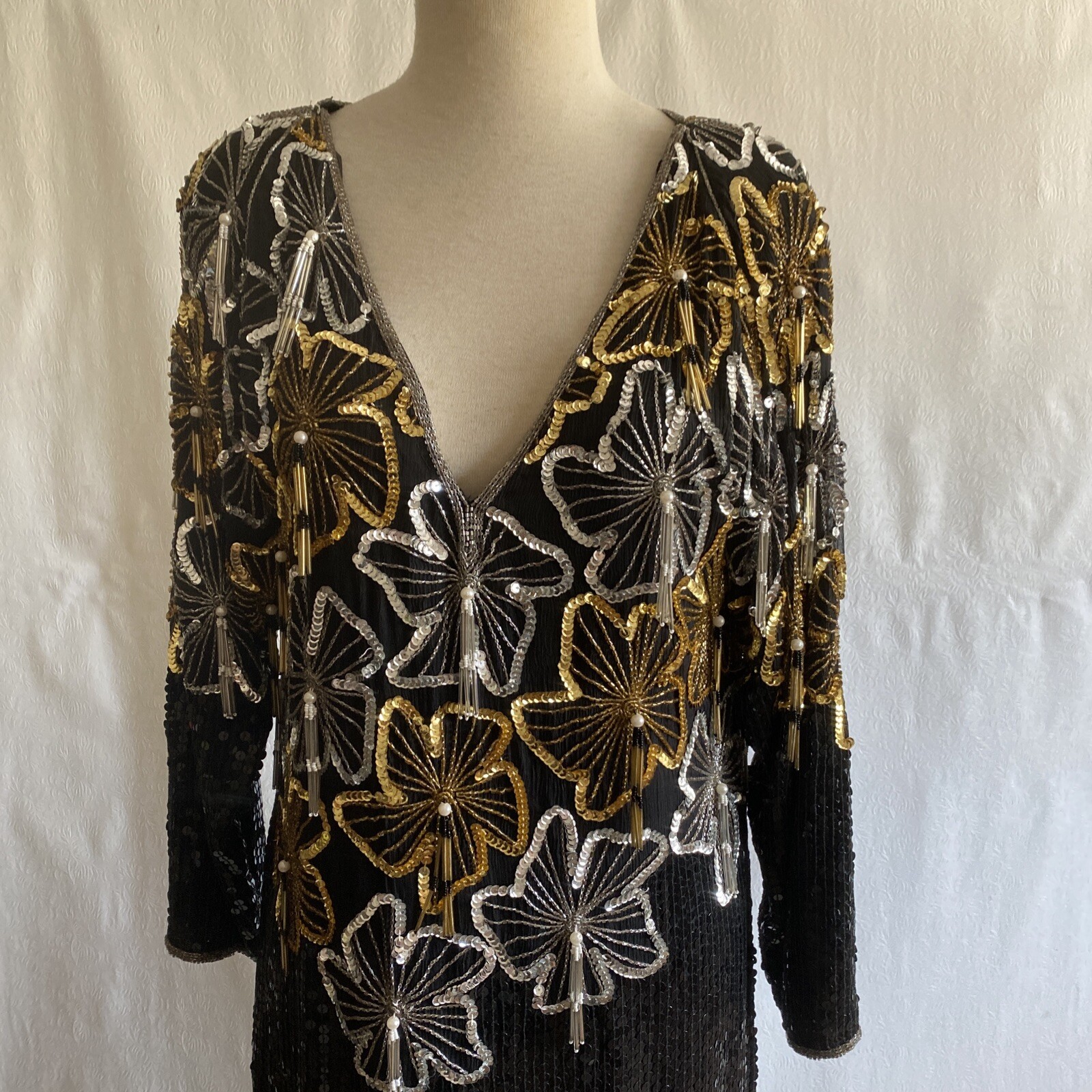Vintage Jean for Joseph Le Bon Black Silk Sequin Dress Gold Silver 1980’s Size S