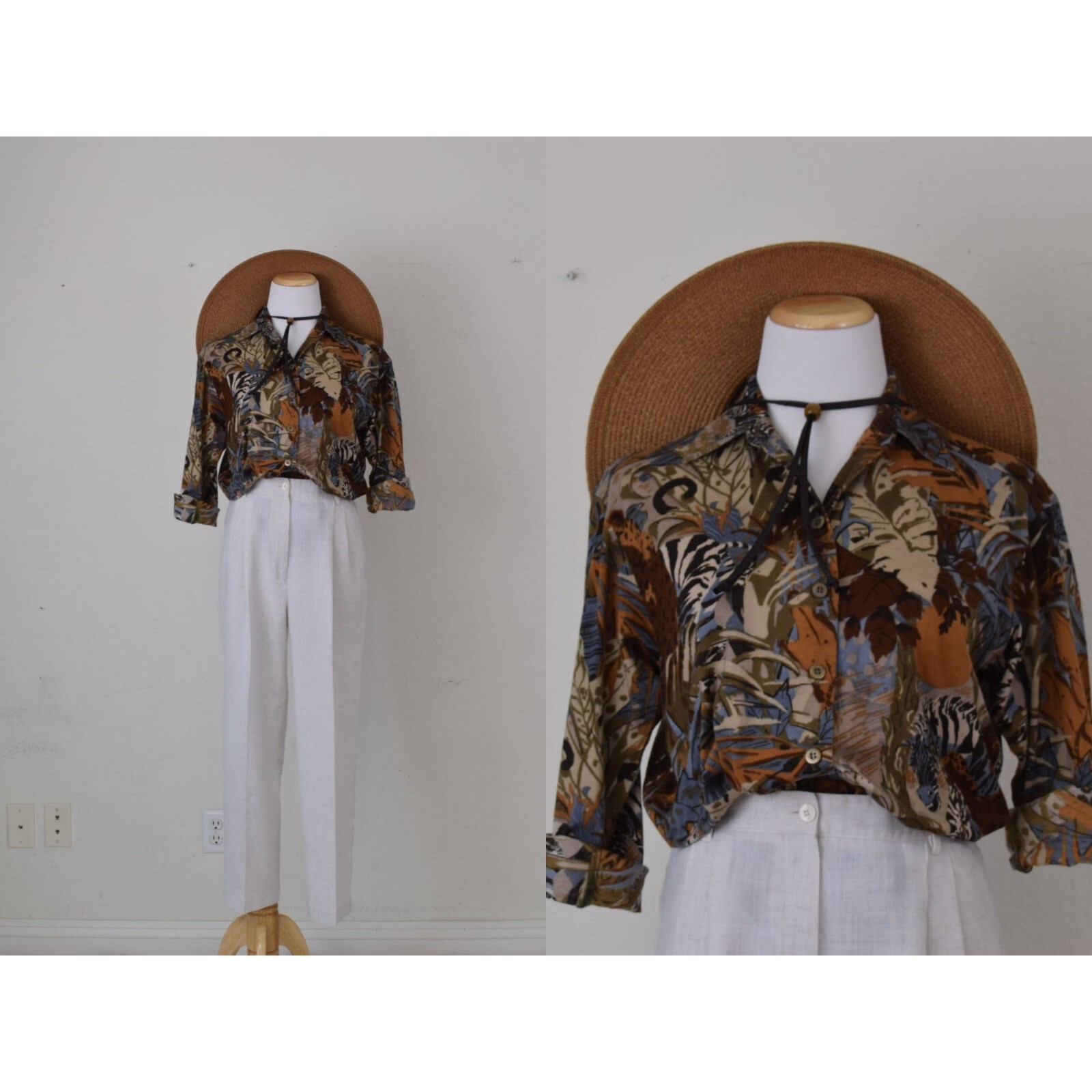 Vintage 70s Jaeger Animal Print Cotton/Baumwolle Long Sleeve Blouse
