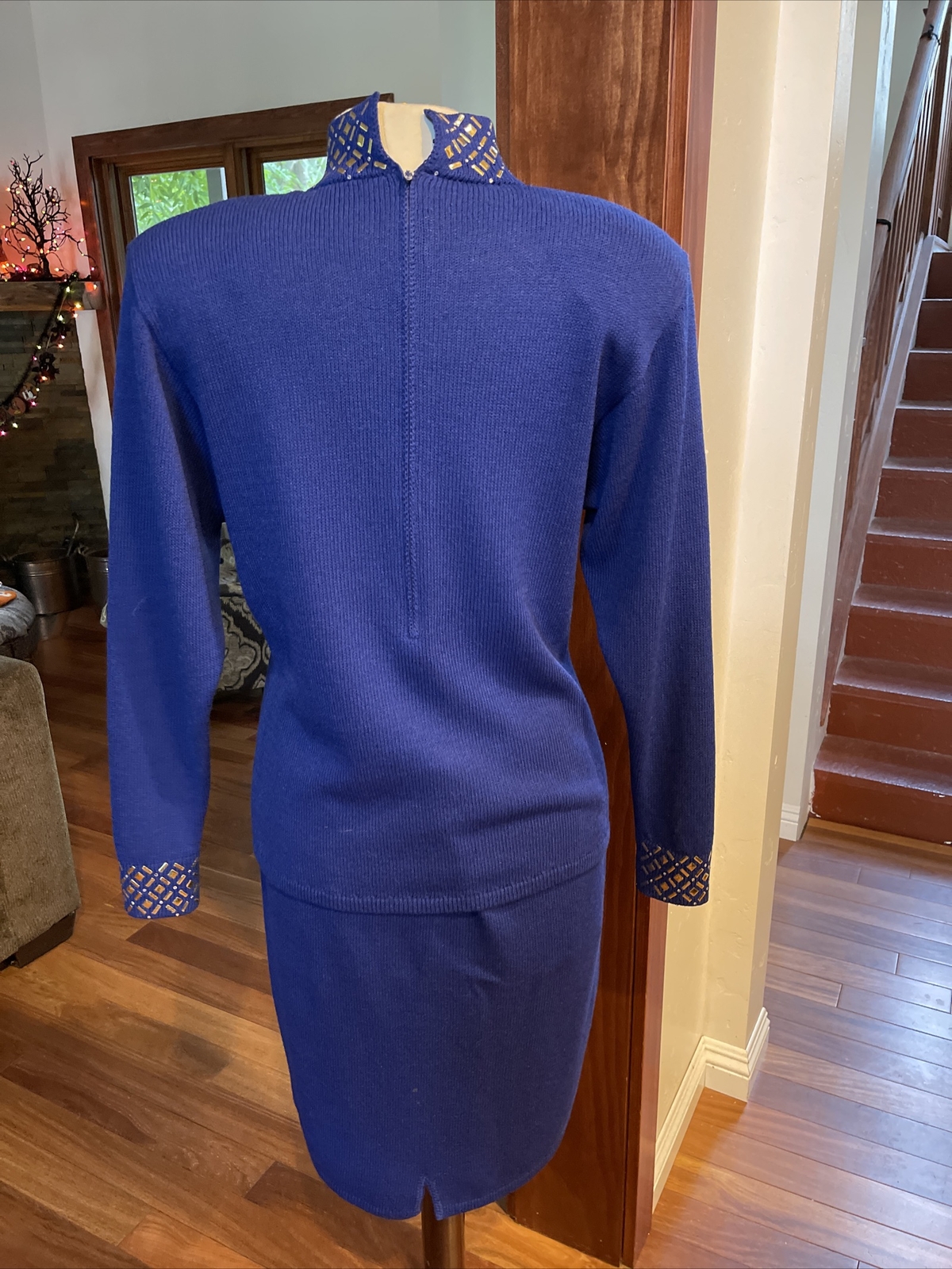 Vintage St John Knit sweater skirt set w gold and rhinestone accents size 8