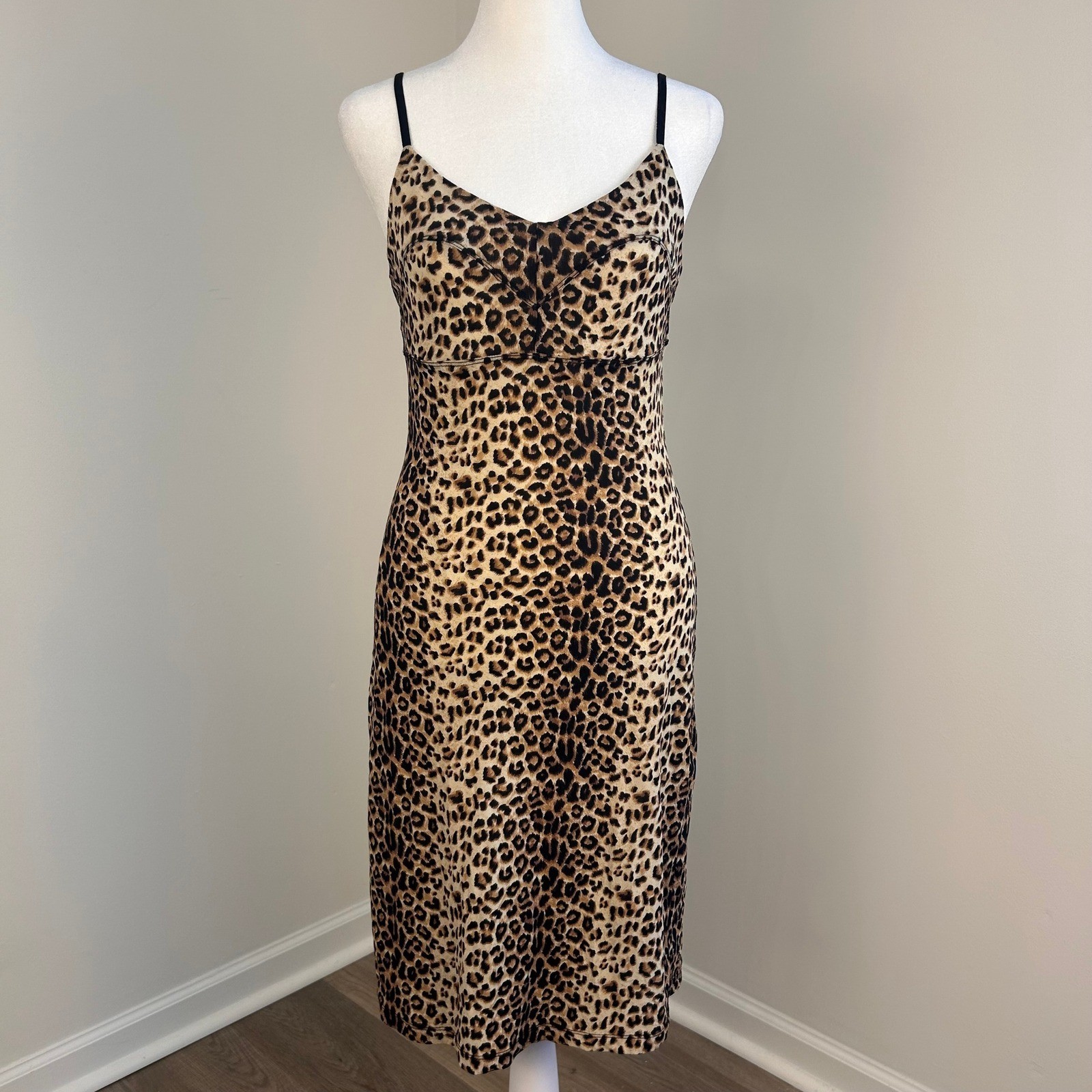 Vintage Guess Leopard Slip Dress Women L Animal Print Y2K 90s Bodycon Midi