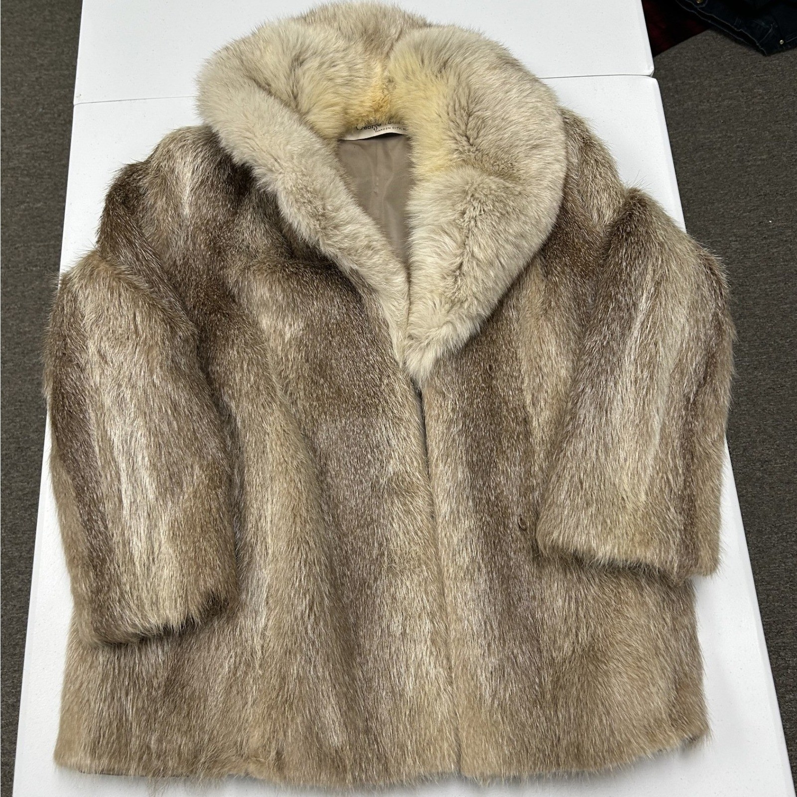 George Poulos Real Fur Coat Womens M Tan Vintage Shawl Collar Mid Length