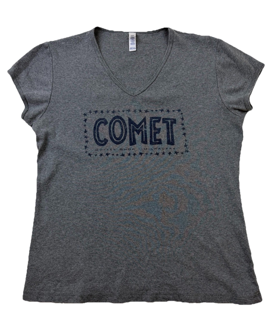 Vtg Y2K Comet Top Sz 2XL Cafe Restaurant Coffee Shop Milwaukee WI Gray V-neck