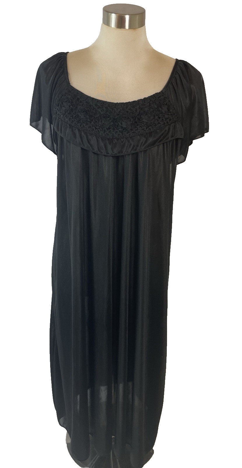 VTG EZI Brands Black Flutter Sleeve Lace Rosettes Bodice Nightgown Negligee 3X