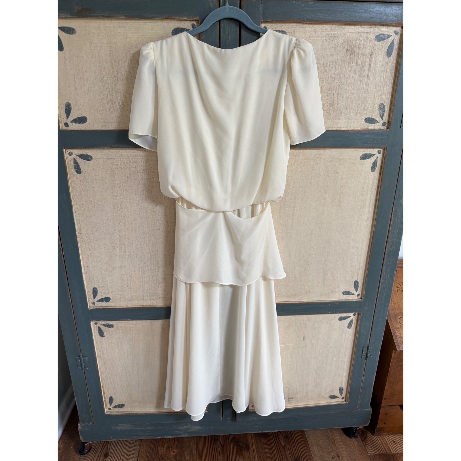 Vintage Jody California Cream Chiffon Crochet Lace Midi Dress Blouson 9/10 1980s