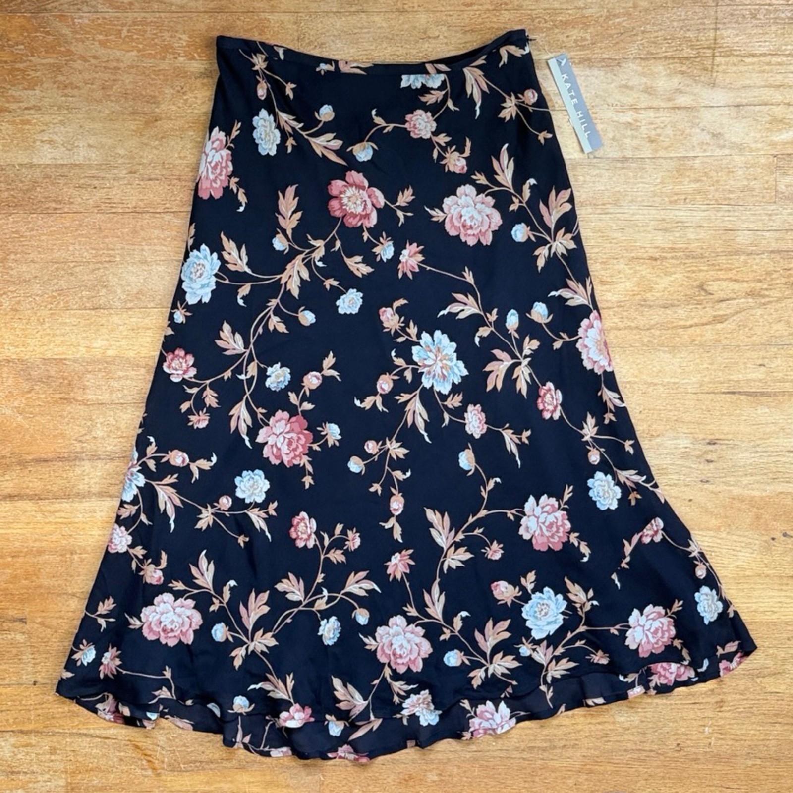 Vintage Black Floral Print Bias Cut Silk Skirt Size Small 6 29″ Waist Y2K Midi