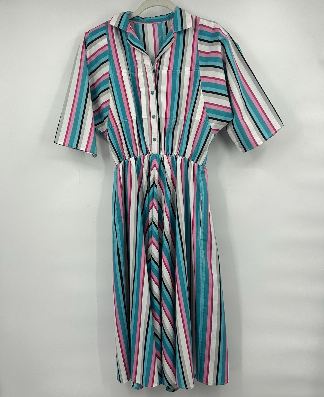 Vintage 80s 90s Striped Midi Dress Womens Shoulder Pads Pockets Colorful Retro L