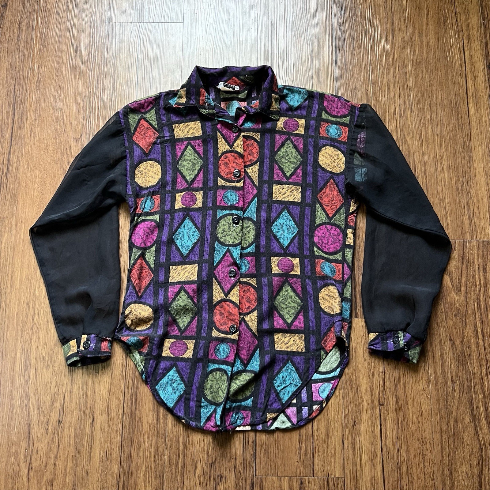 Vintage 80s 90s Shirt Women’s Small Multicolor Geometric Sheer Sleeves Retro