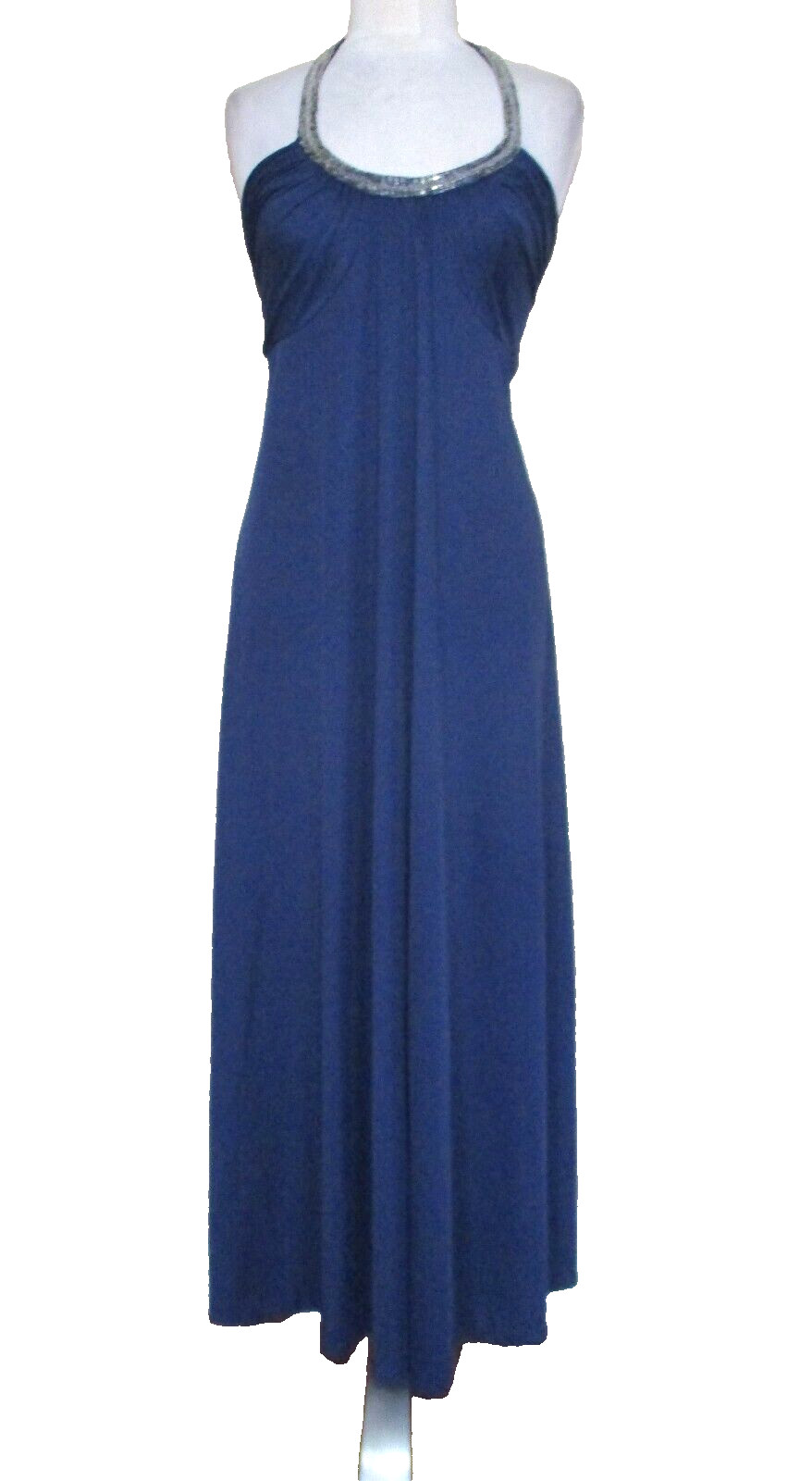 Vintage 70s Maxi Dress Evening Gown S/M Women Indigo Blue Beaded Halter Neck