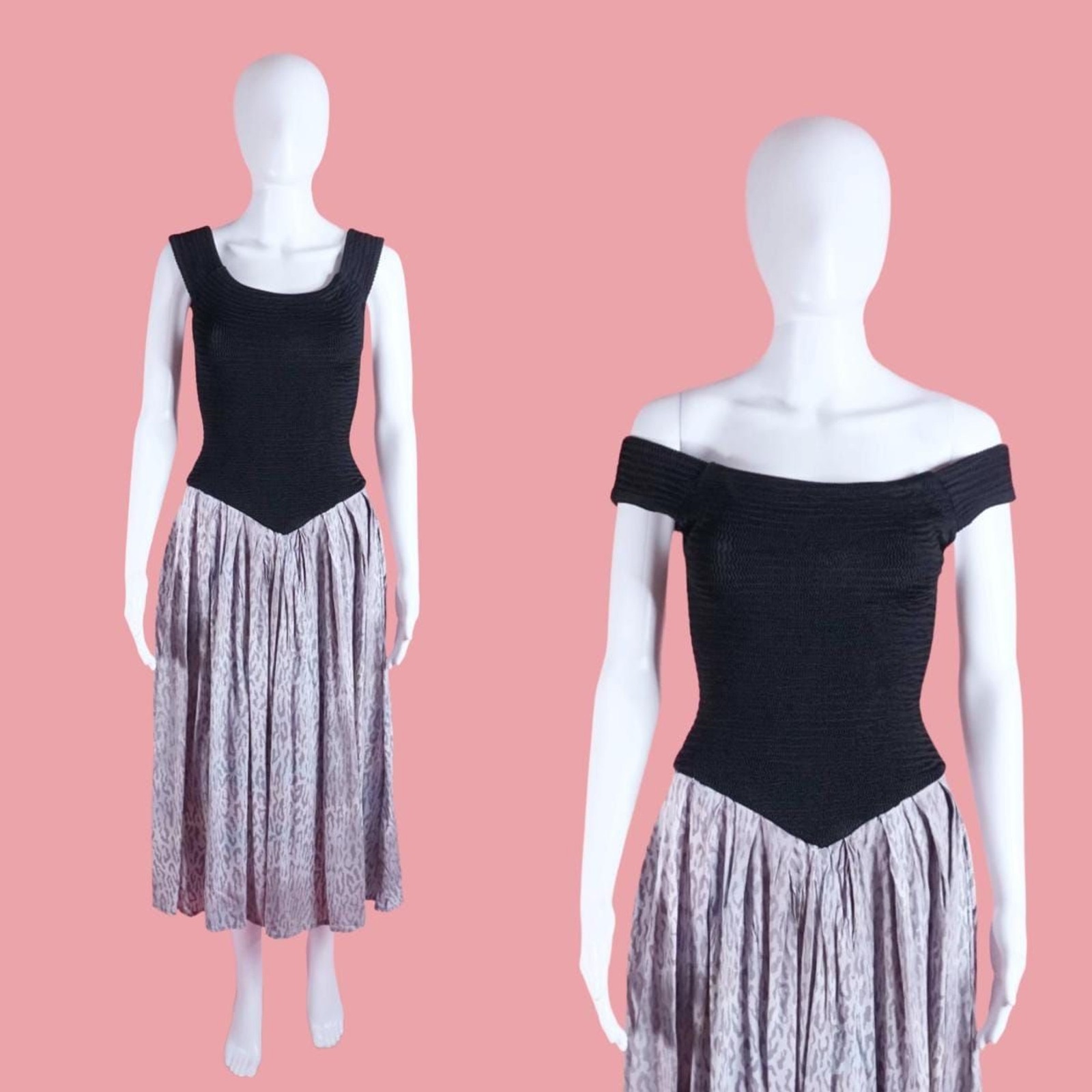 1980s-1990s CLUES COLLECTIONS. Smocked Drop Waist. LEOPARD Print Dress. S-M
