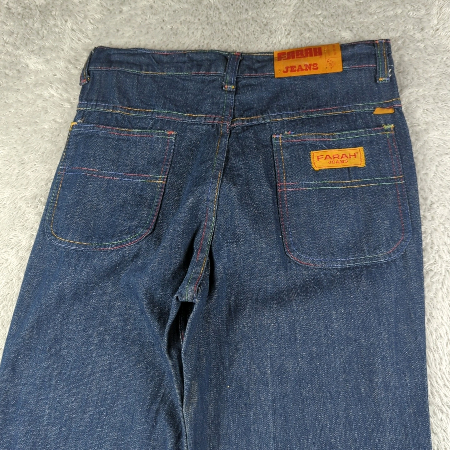Vintage 1970s Farah Jeans Womens 31 XL Blue Flare Bell Bottoms Rainbow Stitch