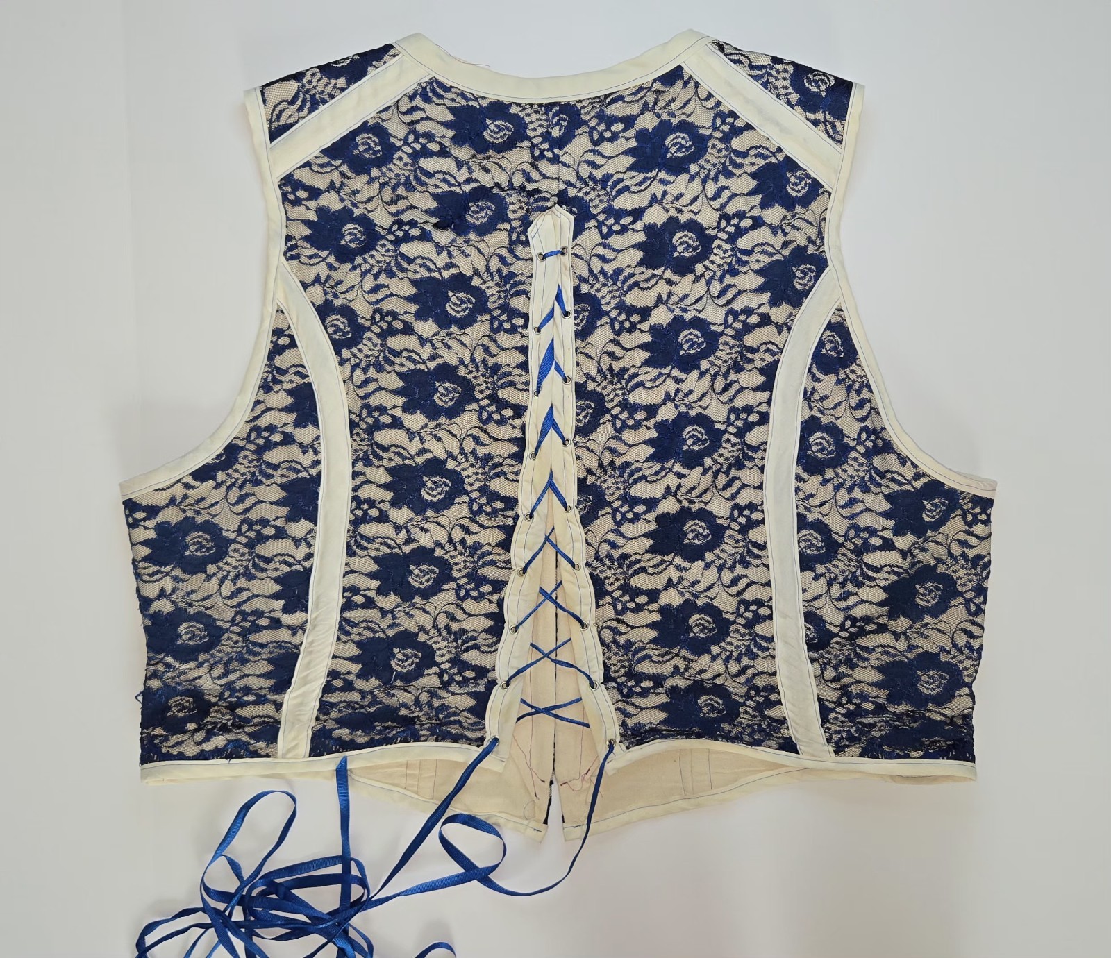 Vintage Blue Lace Corset Vest Top Lace Up Back Renaissance Costume Women’s Sz L