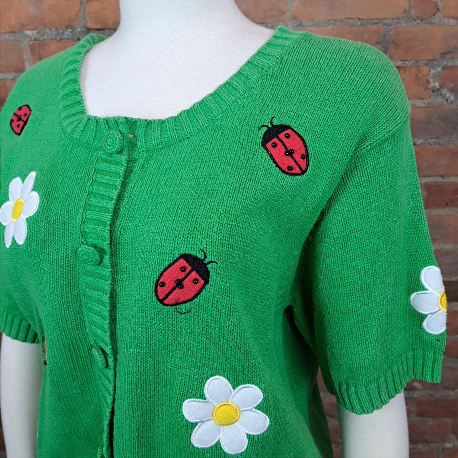 Vintage Sweater Cardigan Green Short Sleeves Lady Bug Daisy Size XL