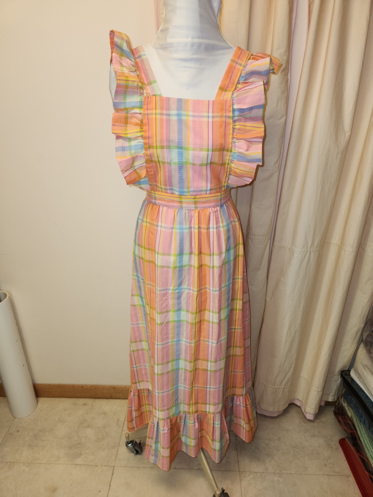 Vintage Ruffle Pinafore Apron Long Dress*Cottage Prairie Look*Homemade* sz Small
