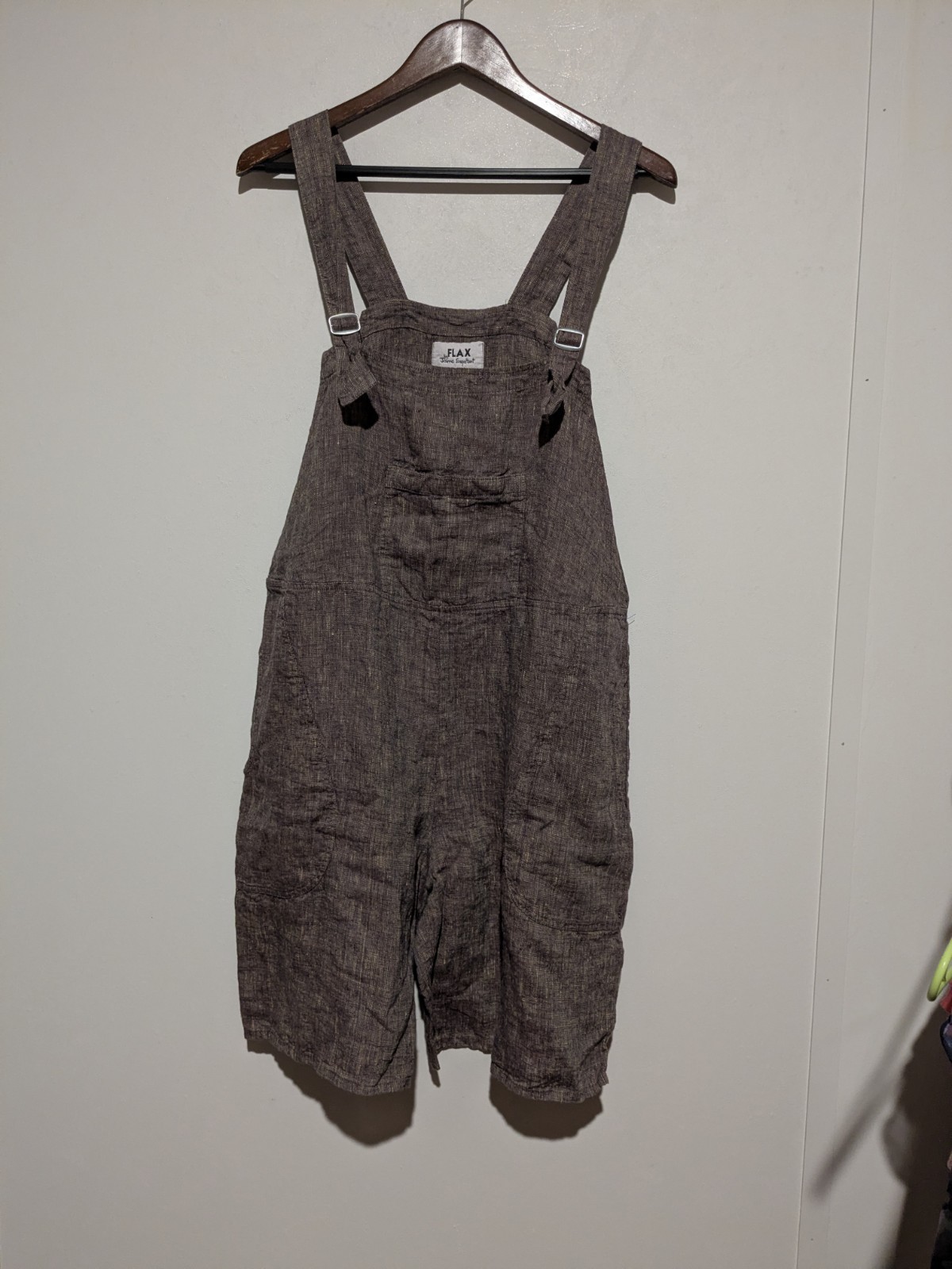Vintage FLAX Jeanne Engelhart Crossweave Linen Short Overall Pockets M
