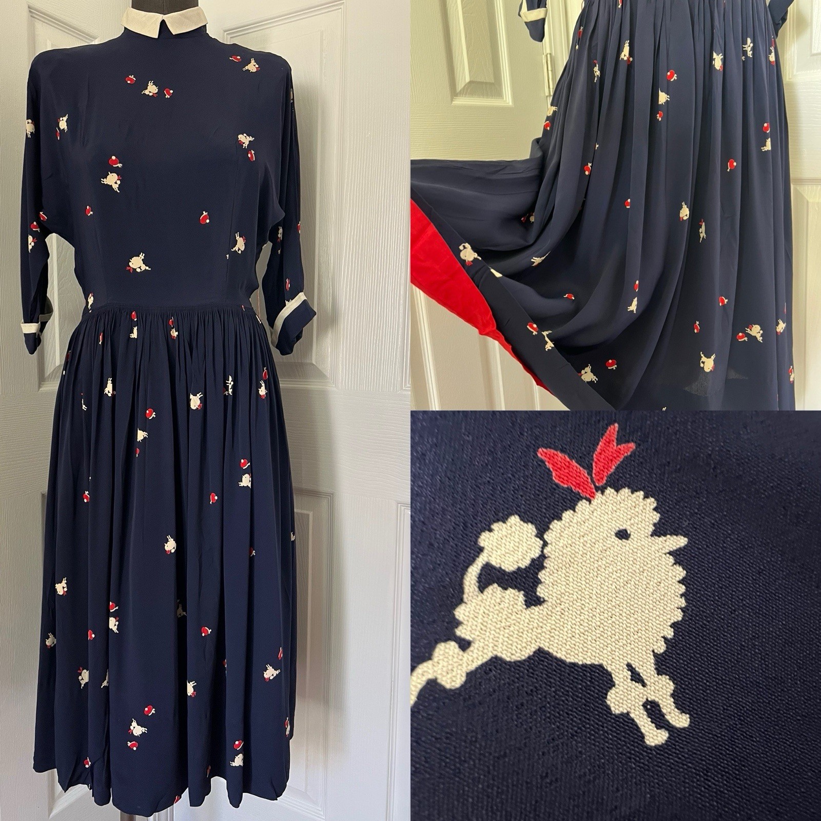 VTG 1950’s Poodle Dog Novelty Prints Blue Dress w Red Lining GOOD CONDITION S M
