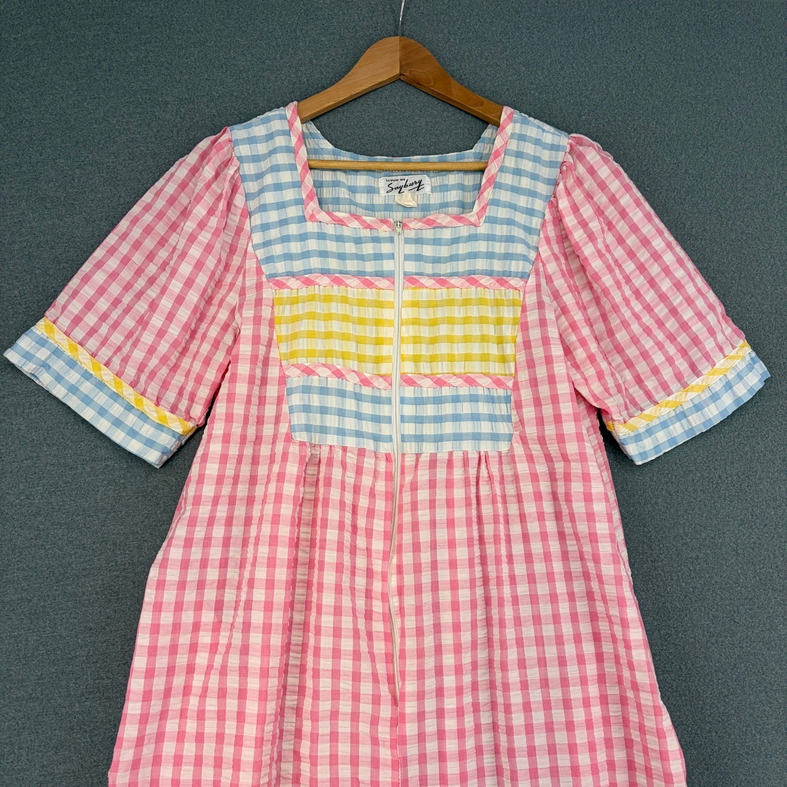 Vintage Styled by Saybury Gingham Seersucker Caftan Small Maxi Dress Pink Blue