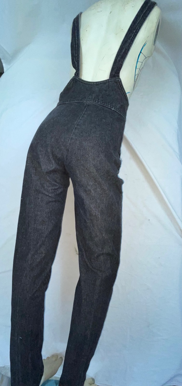 VTG 80S 90S WOMENS S BLACK FREDERICKS OF HOLLYWOOD STONE WASHED DENIM OVERALLS