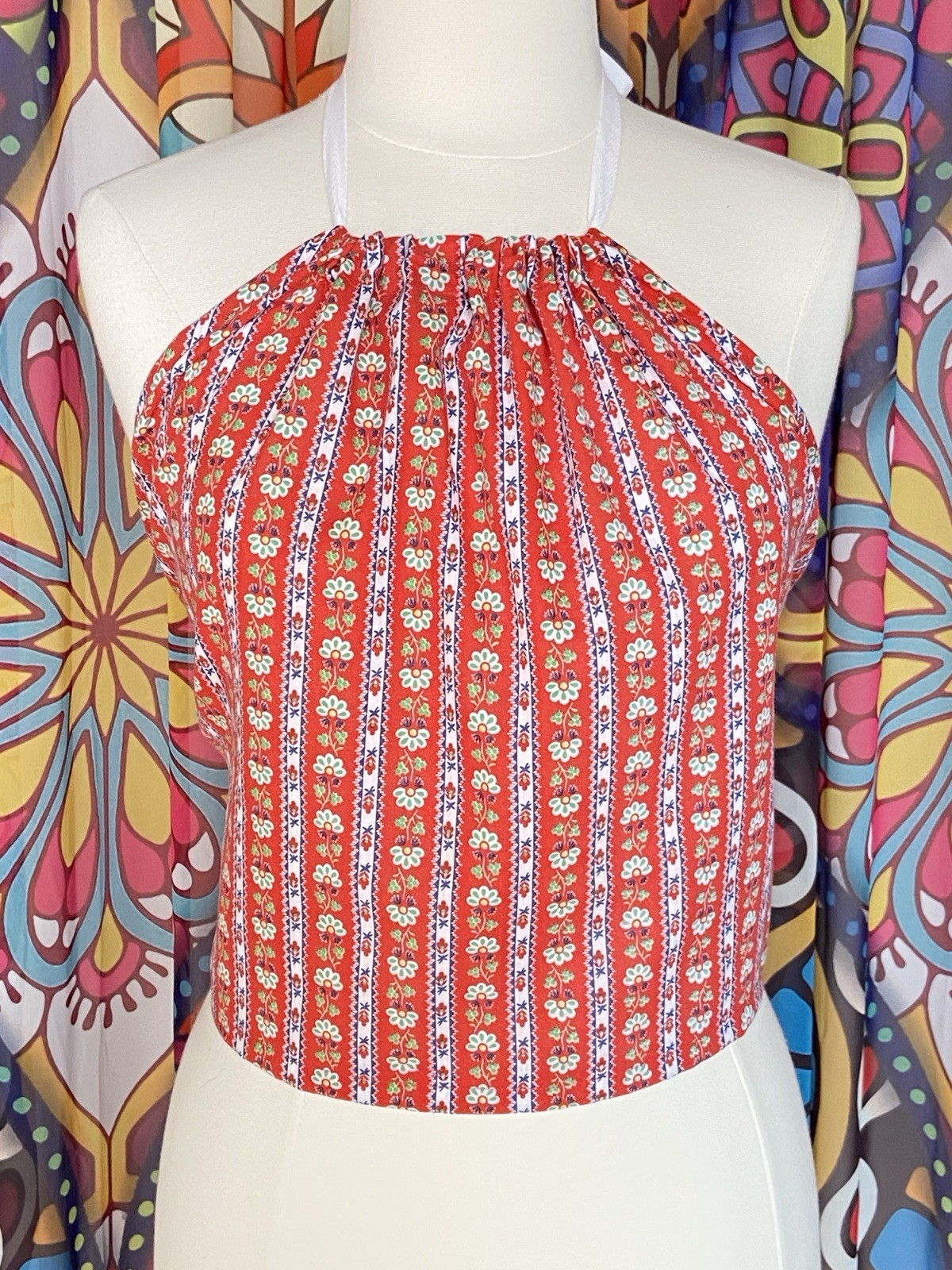 Vintage Cotton Red White Blue Folk Peasant Print Festival Hippy Halter Top M/L