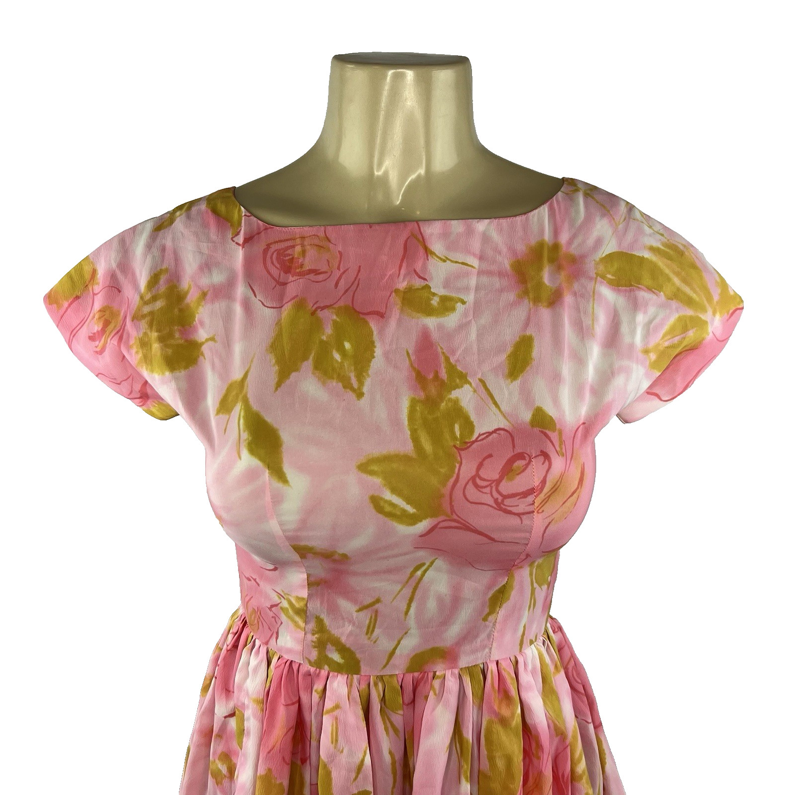 1950s Dress Vintage Pink Floral Rose Print Full Skirt A Line Retro Rockabilly
