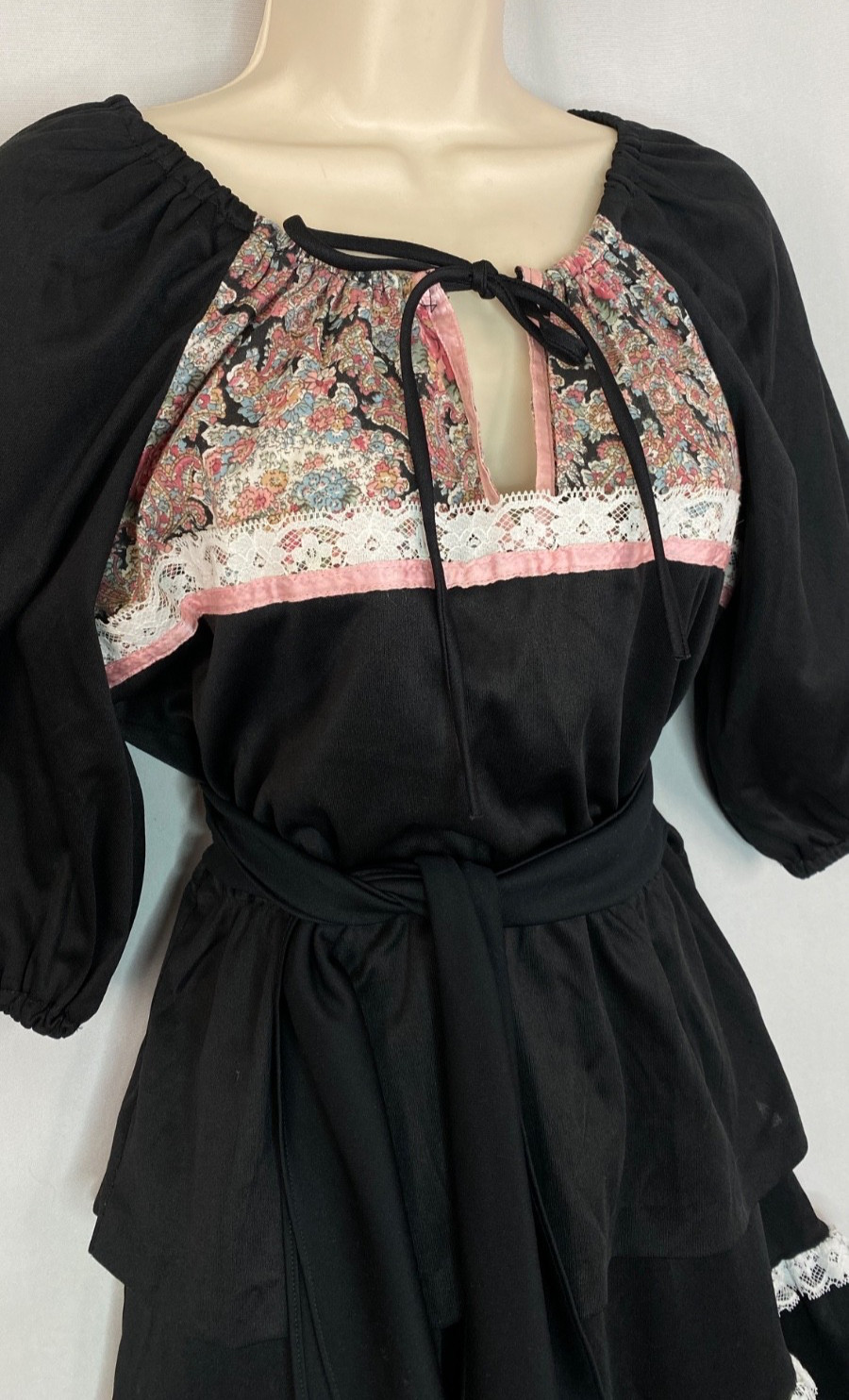 Vintage 1970s black tiered dress M 2 piece pink floral midi top shirt skirt set