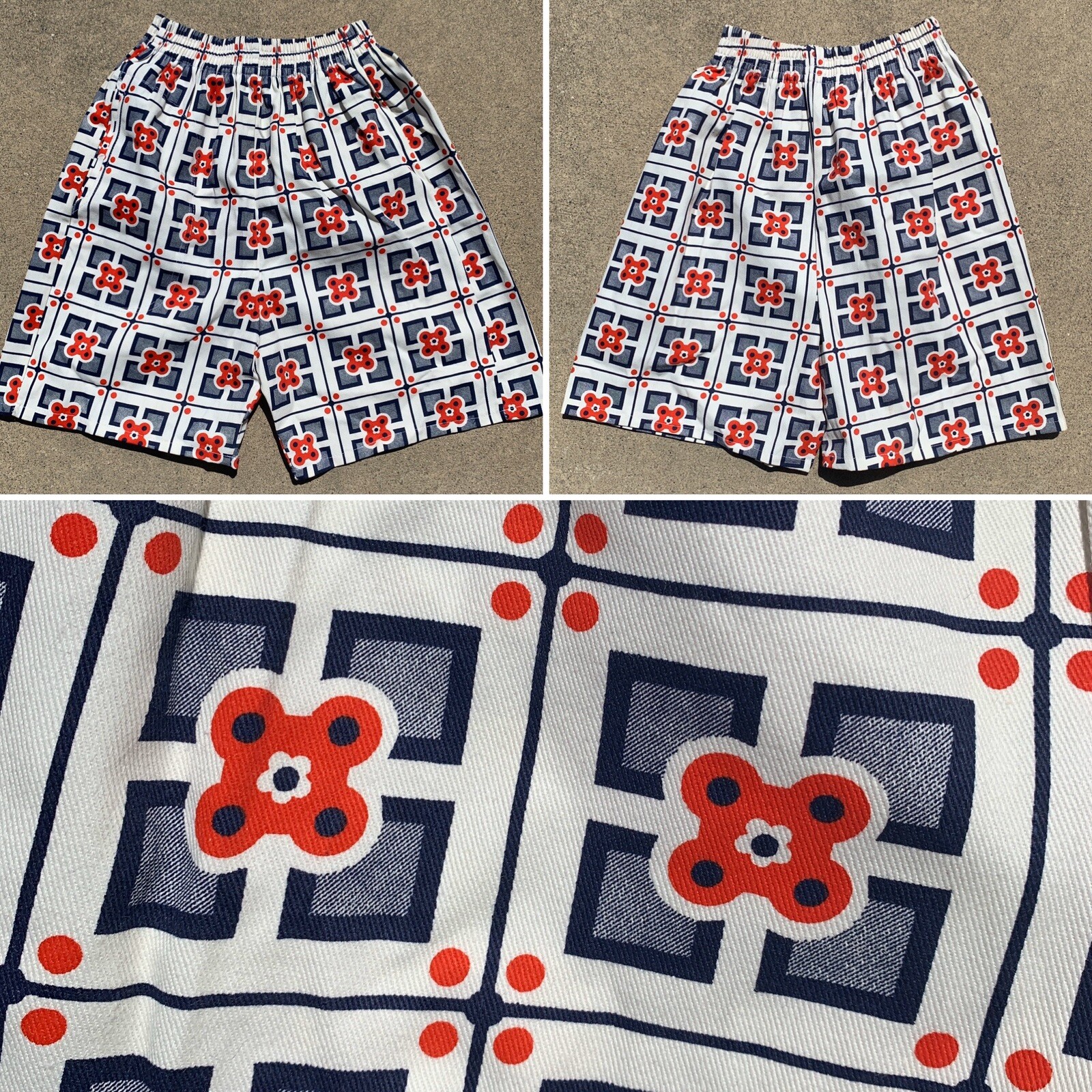 Vintage High Waist Shorts Red White Blue Geometric Floral Elastic Waist XS S