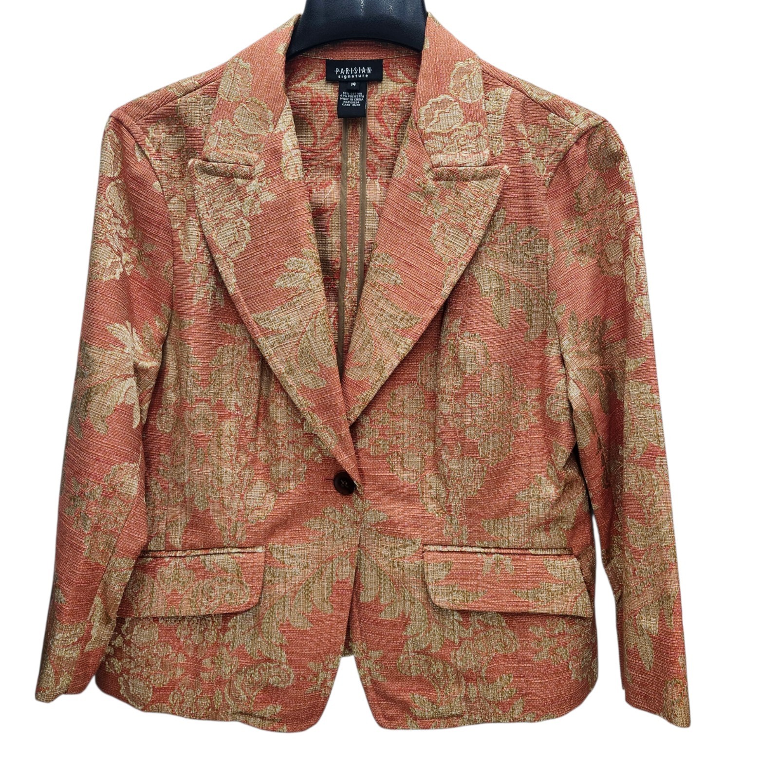 Parisian Signature Jacquard Blazer Womens 14 Orange Gold Baroque Vintage 90s NWT