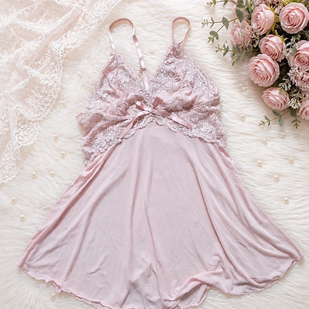 Pink Lace babydoll nightgown adjustable spaghetti straps and a small Bow. Sz M
