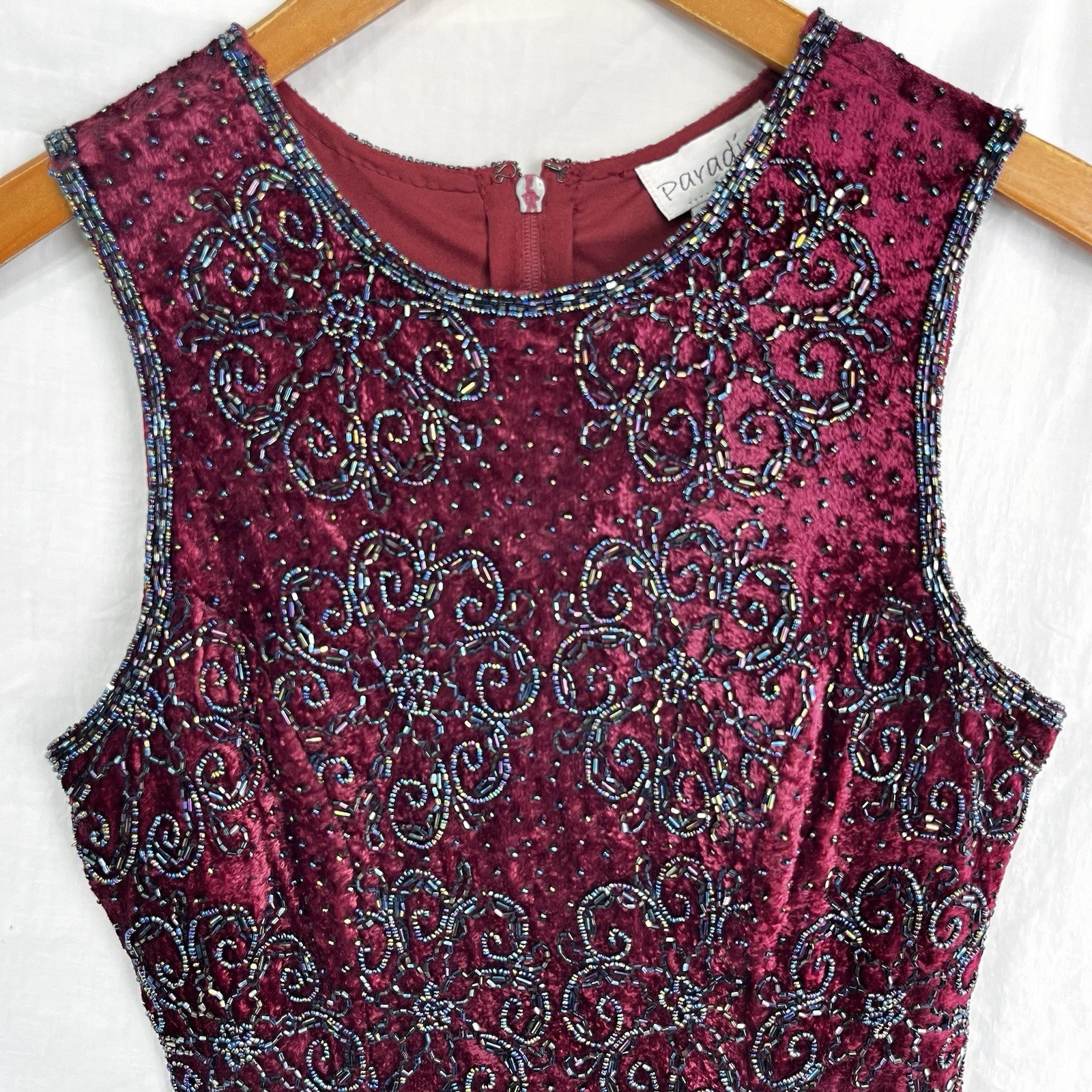 Vintage Paradise NY Beaded Velvet Floral Sleeveless Top Maroon Zip Size Small S