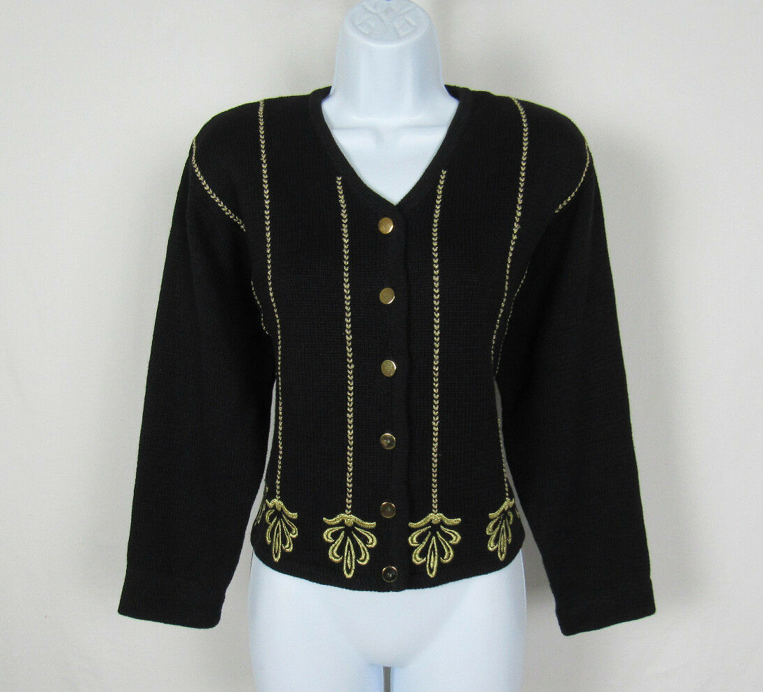 VTG 1980s LISE J. BLACK COTTON RAMIE MEDIUM GOLDEN EMBROIDERY GOLDEN BUTTONS