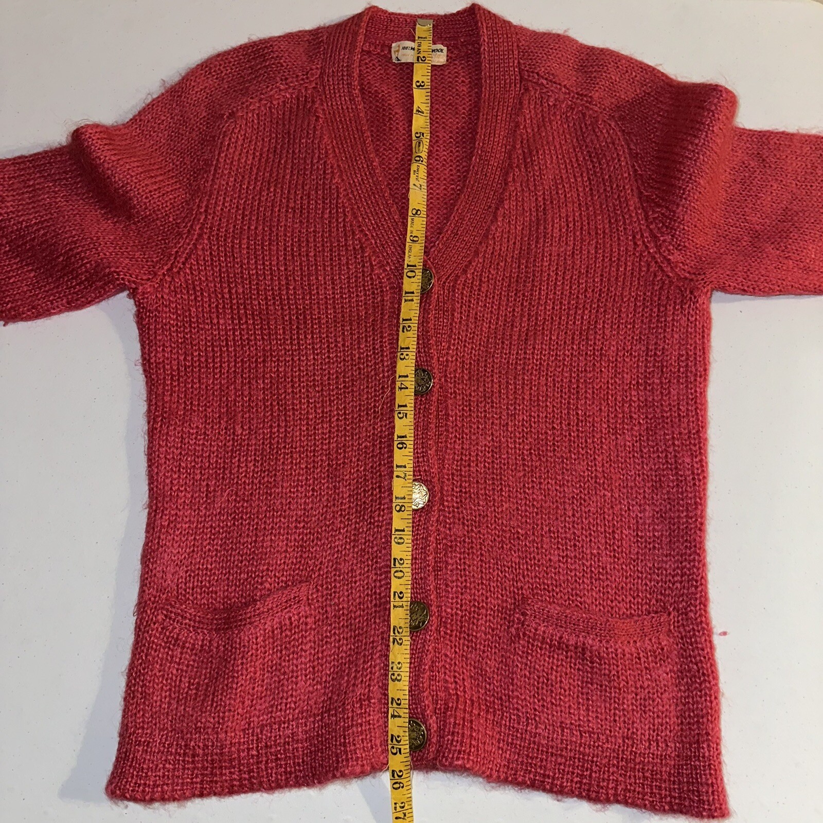 Vintage 1960s 100% Mohair Cardigan Sweater Pinkish Red Approx Sz Medium Shaggy