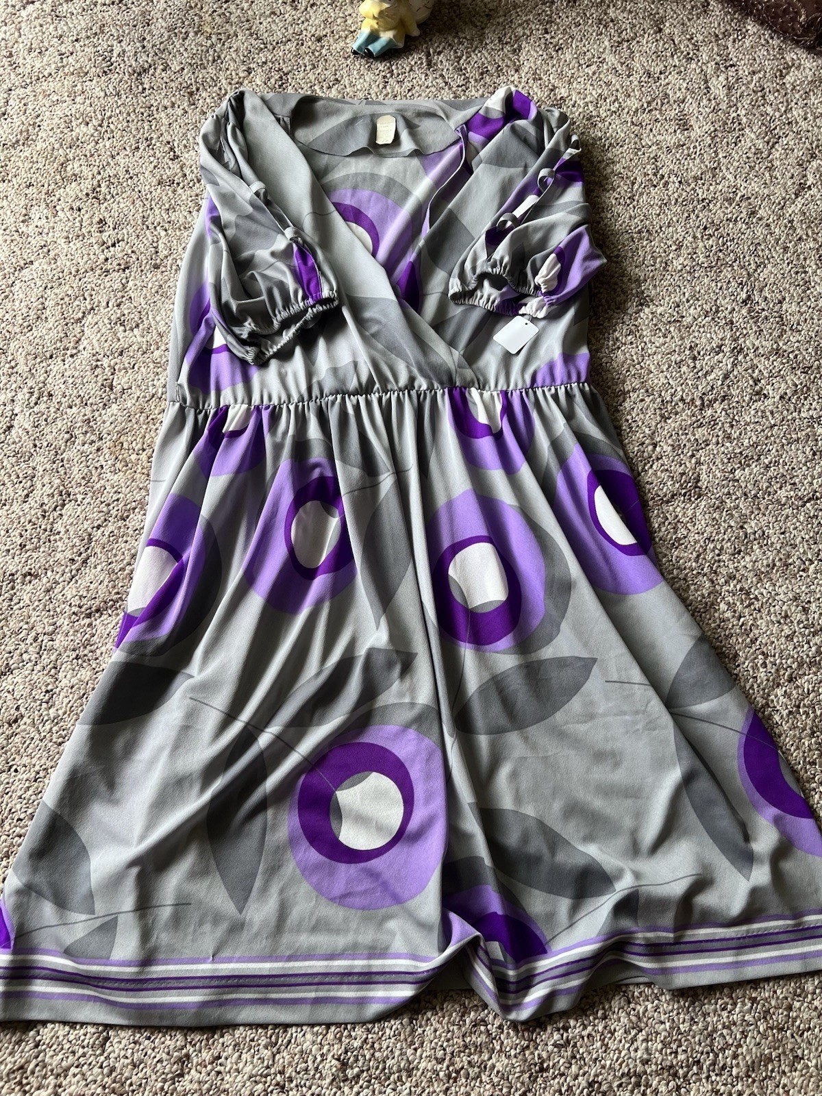 VTG 60s Grey & Purple Bullseye Secretary Dress W/ Neck Tie Detail – XL/2XL