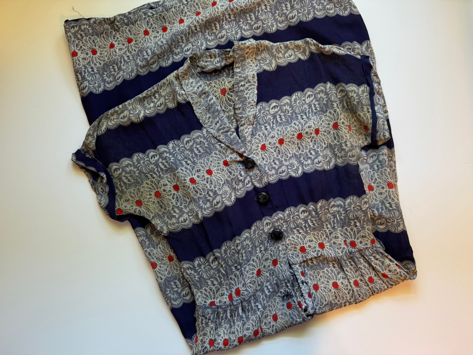 Vtg 1940’s Blue Faux Lace Strip Print Silk Button Front Lightweight Dress sz XS