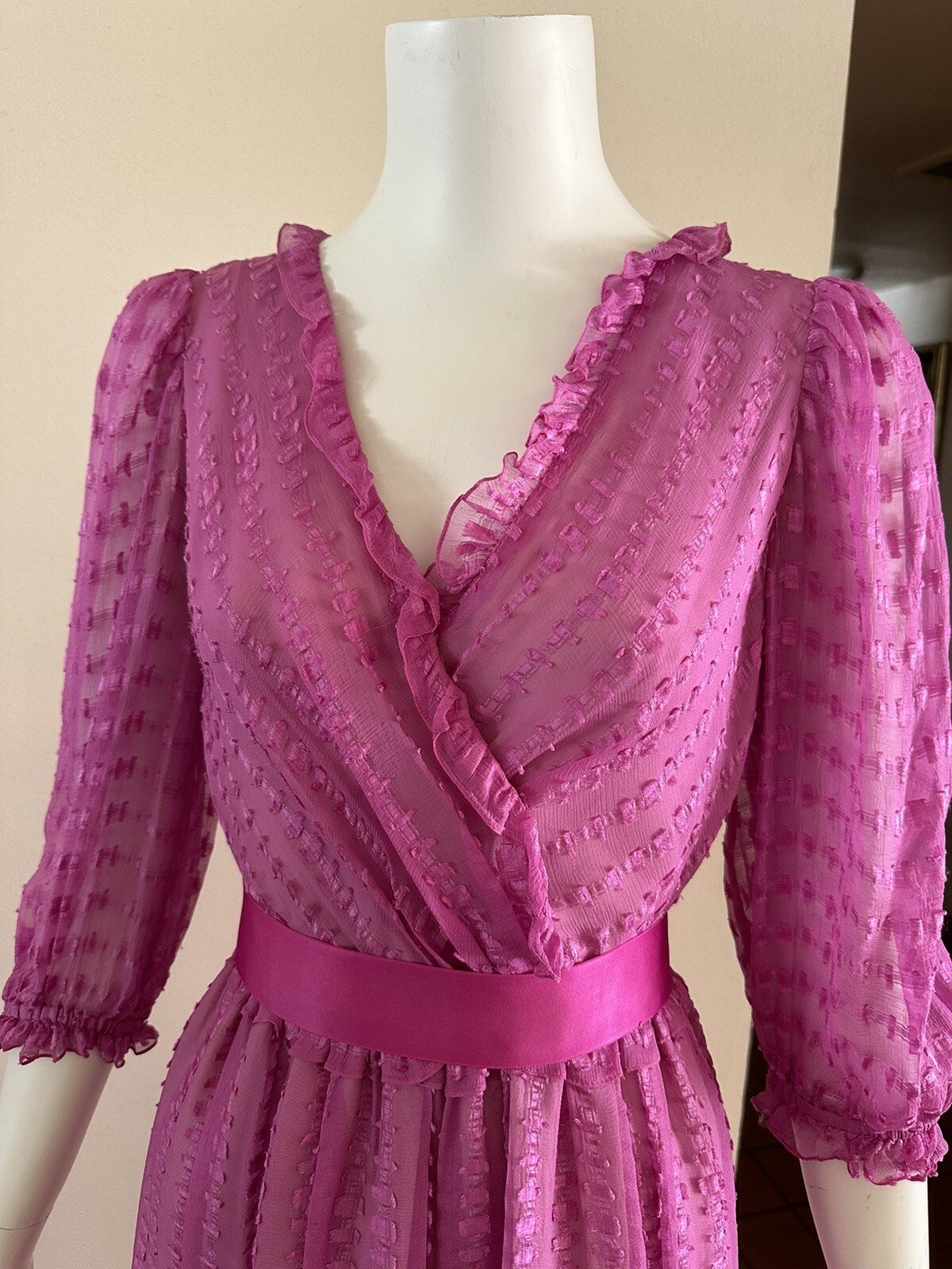 1980s Neiman Marcus Pink Sheer Ruffle Wrap Dress Ribbon Belt Petite Vintage